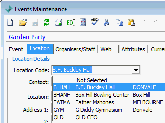 Events Maintenance - Location tab (location dropdown list)