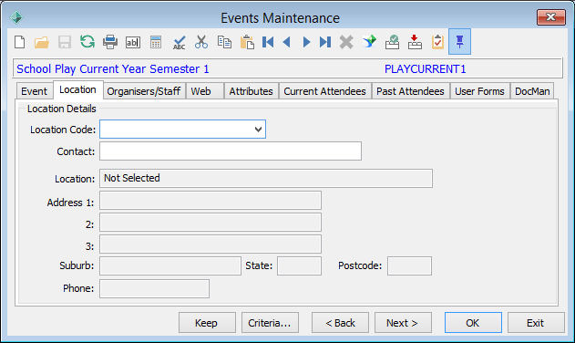 Events Maintenance - Location tab