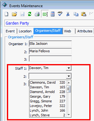 Events Maintenance - Organisers Staff tab (staff highlighted, cut down)