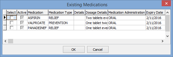 Existing Medications window (cut-down)