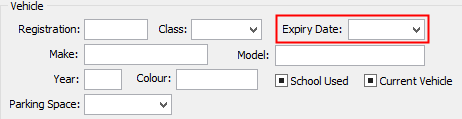 Expiry Date field (Community Maintenance - Vehicles tab, highlighted)