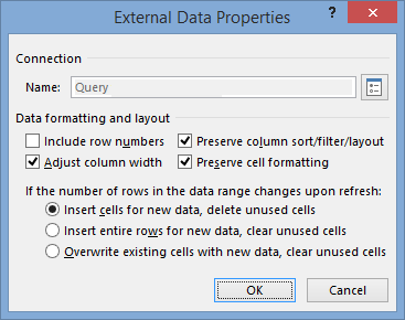 External Data Range Properties window (Microsoft Excel)