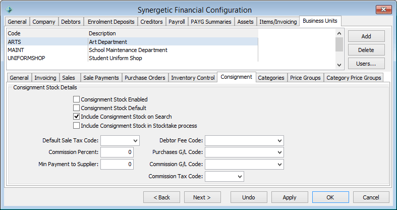 Finance Configuration Maintenance - Business Units - Consignment sub-tab