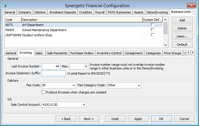 Finance Configuration Maintenance - Business Units tab - Invoicing sub-tab