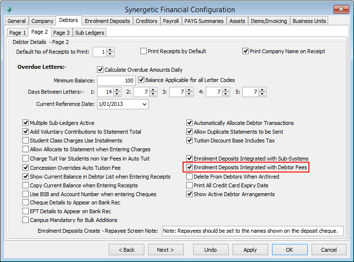 Finance Configuration Maintenance - Debtors tab - Page 2 sub-tab (enrolment deposits highlighted)