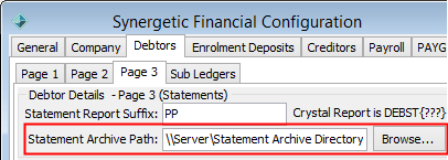 Finance Configuration Maintenance - Debtors tab - Page 2 sub-tab (Statement Archive Path field)