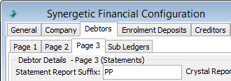 Finance Configuration Maintenance - Debtors tab - Page 2 sub-tab (Statement Report Suffix field)