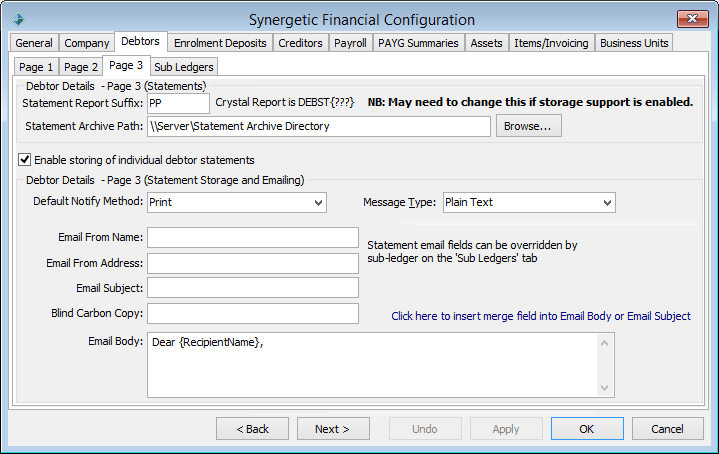 Finance Configuration Maintenance - Debtors tab - Page 3 sub-tab