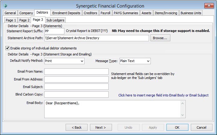 Finance Configuration Maintenance - Debtors tab - Page 3 sub-tab