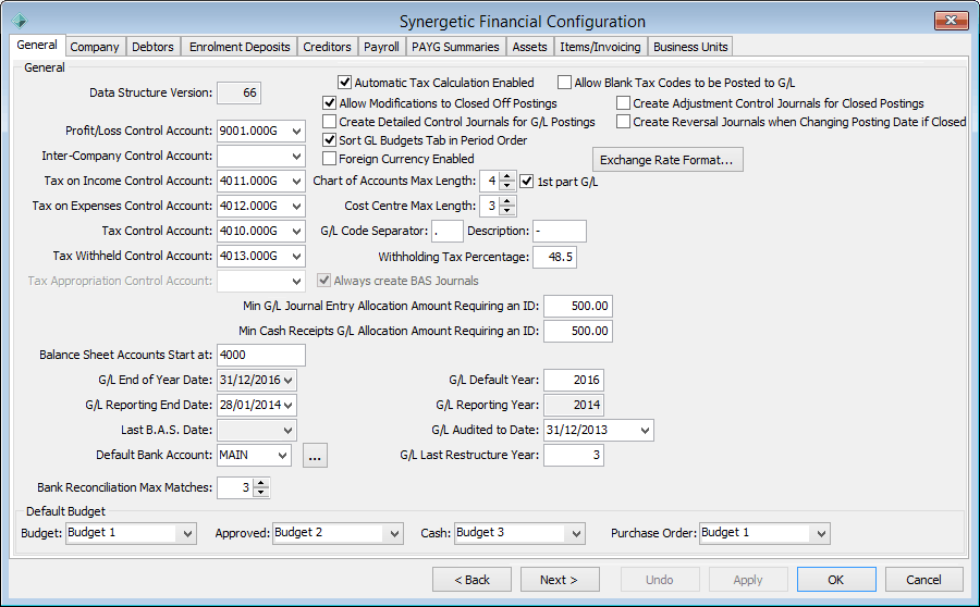 Finance Configuration Maintenance - General tab (cut down)