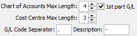 Finance Configuration Maintenance - General tab (GL Code format fields)