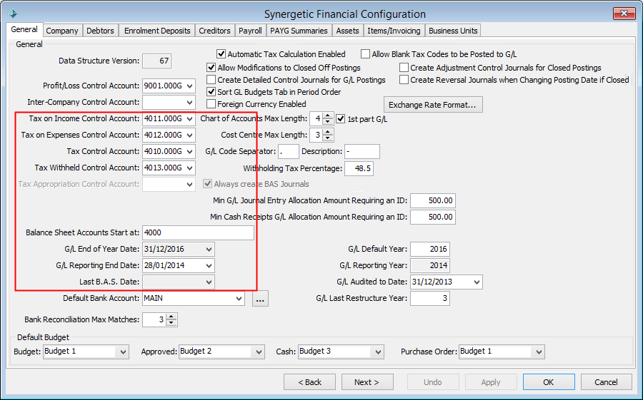 Finance Configuration Maintenance - General tab