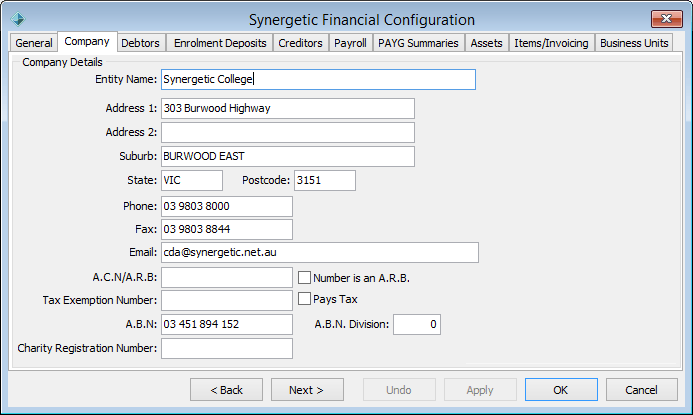 Finance Configuration Maintenance - Company tab