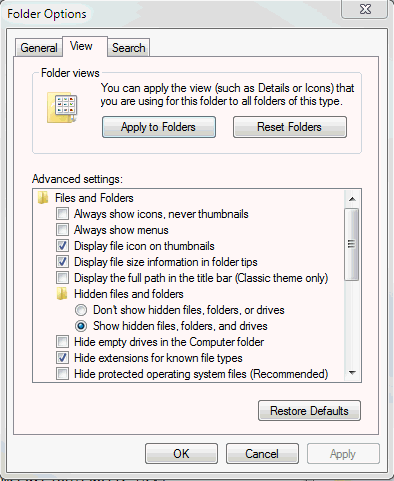 Folder Options - View tab