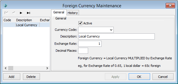 Foreign Currency Maintenance - General tab