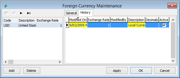 Foreign Currency Maintenance - History tab