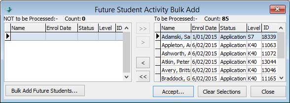 Future Student Activity Status window