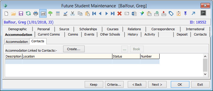 Future Student Maintenance - Accommodation tab - Contacts sub-tab