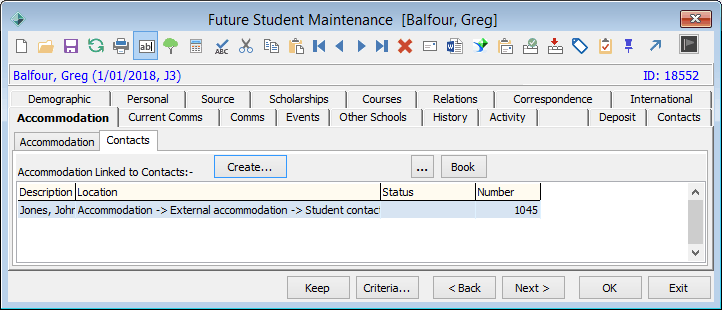 Future Student Maintenance - Accommodation tab - Contacts sub-tab