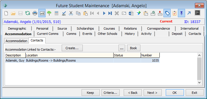 Future Student Maintenance - Accommodation tab - Contacts sub-tab