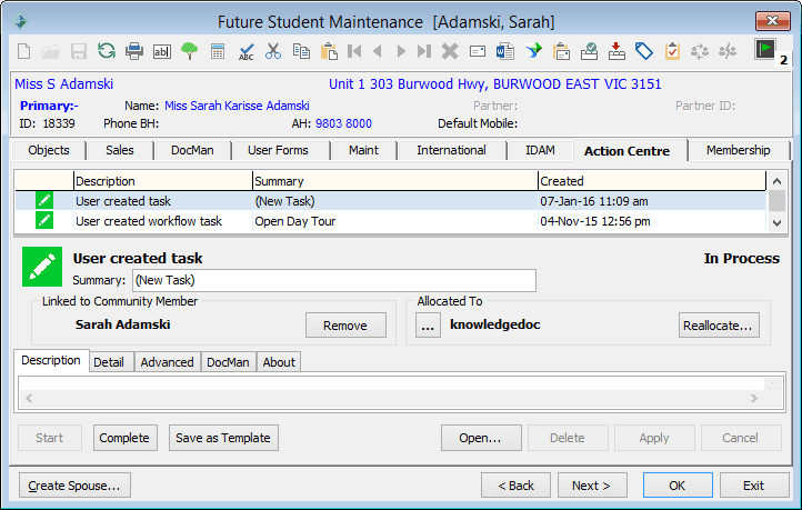 Future Student Maintenance - Action Centre tab
