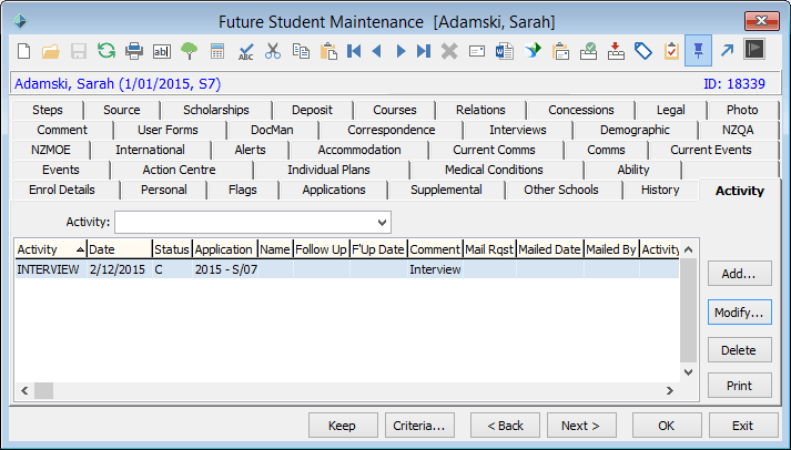 Future Student Maintenance - Activity tab