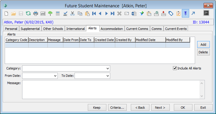 Future Student Maintenance - Alerts tab