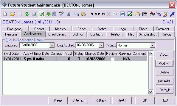 Future Student Maintenance - Applications tab