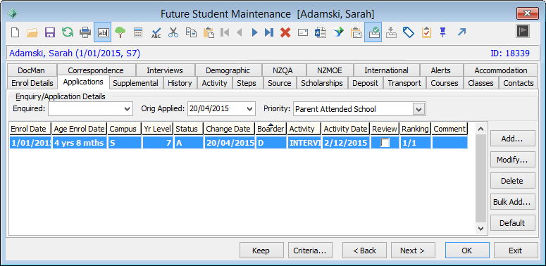 Future Student Maintenance - Applications tab