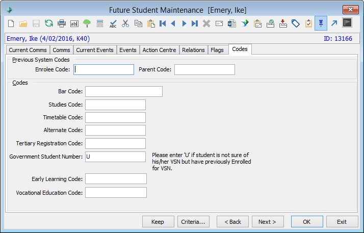 Future Student Maintenance - Codes tab