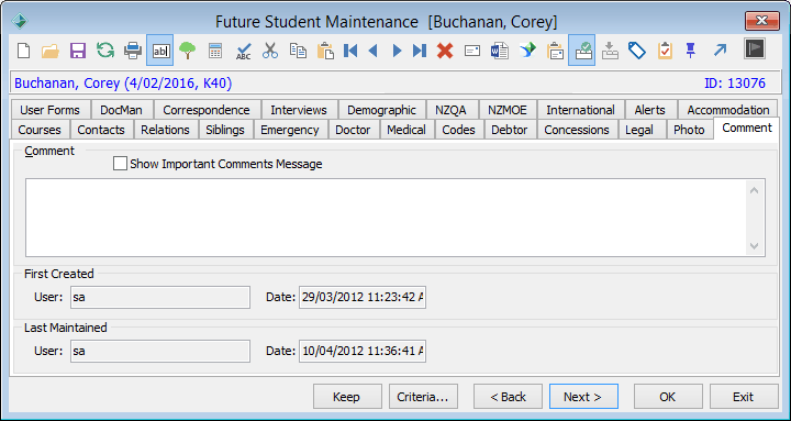 Future Student Maintenance - Comment tab