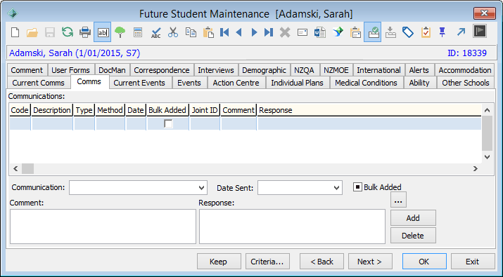 Future Student Maintenance - Comms tab