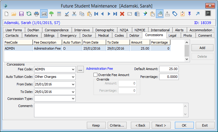 Future Student Maintenance - Concessions tab
