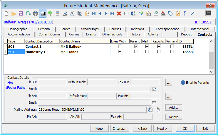 Future Student Maintenance - Contacts tab (cut down)