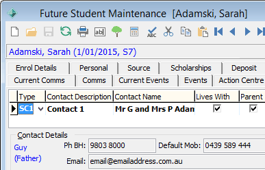 Future Student Maintenance - Contacts tab (cut down)
