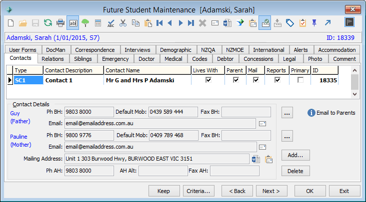 Future Student Maintenance - Contacts tab