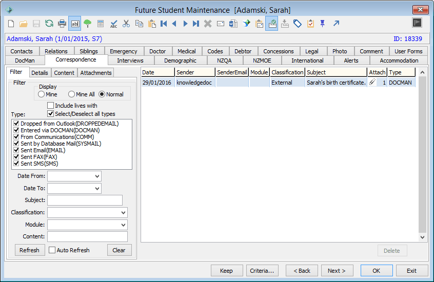 Future Student Maintenance - Correspondence tab