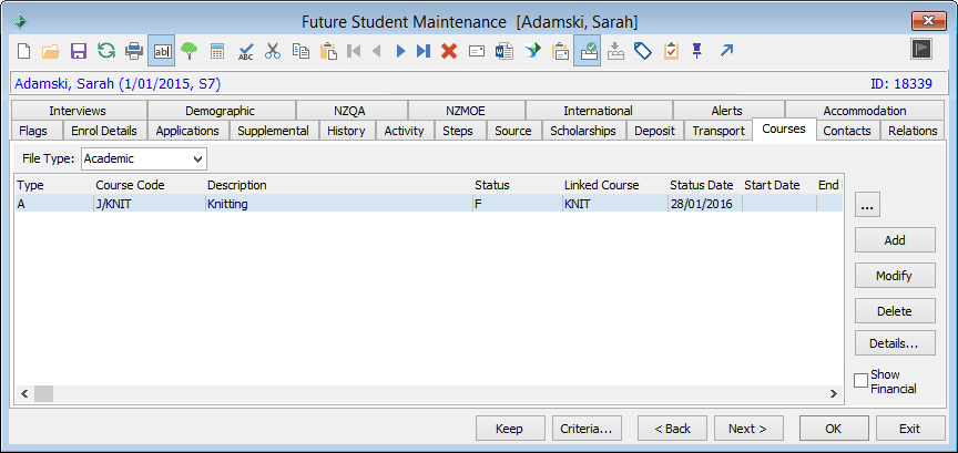 Future Student Maintenance - Courses tab (cut down)