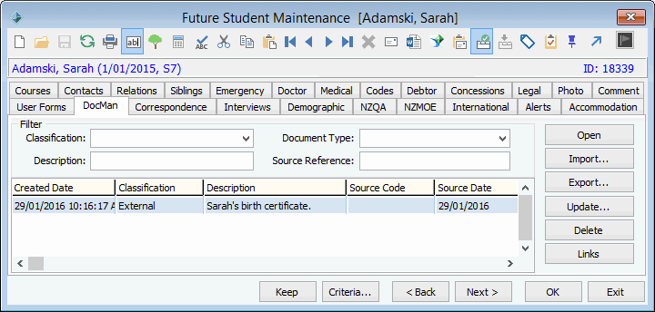 Future Student Maintenance - DocMan tab