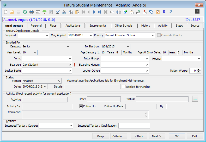 Future Student Maintenance - Enrol Details tab