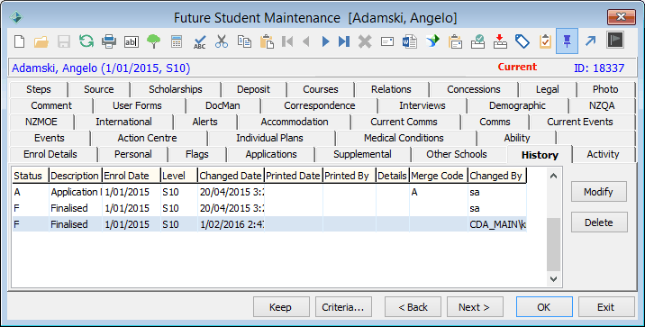 Future Student Maintenance - History tab