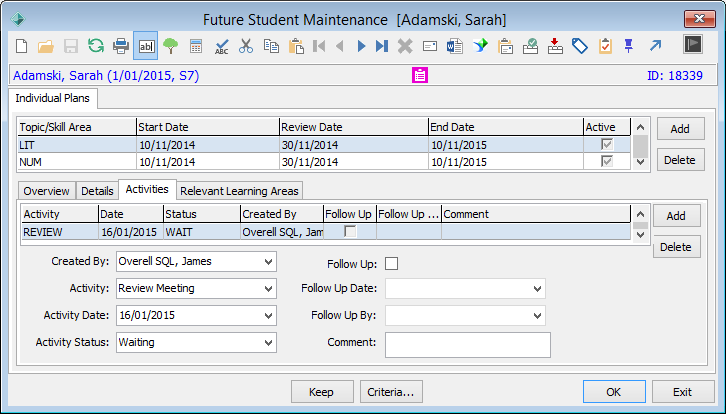 Future Student Maintenance - Individual Plans tab - Activities sub-tab
