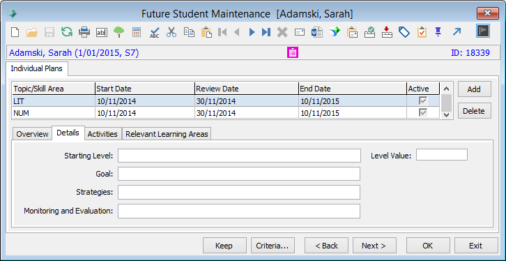 Future Student Maintenance - Individual Plans tab - Details sub-tab