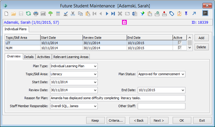 Future Student Maintenance - Individual Plans tab - Overview sub-tab