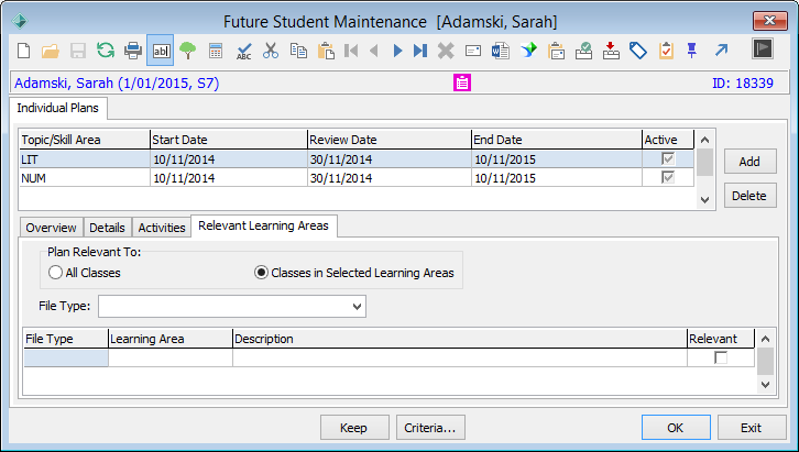 Future Student Maintenance - Individual Plans tab - Relevant Learning Areas sub-tab