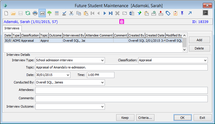 Future Student Maintenance - Interviews tab