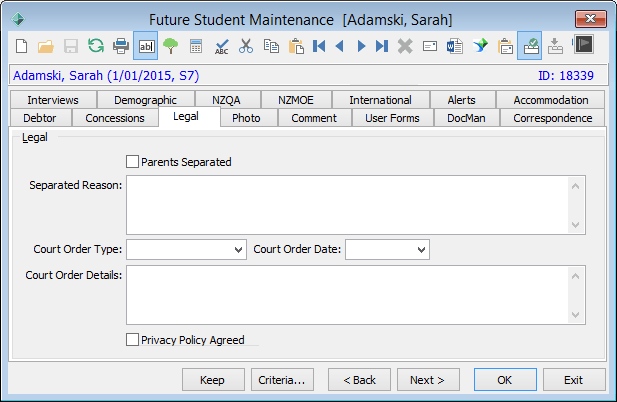 Future Student Maintenance - Legal tab