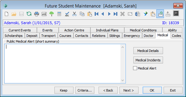 Future Student Maintenance - Medical tab