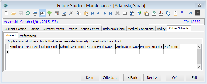 Future Student Maintenance - Other Schools tab - Shared sub-tab