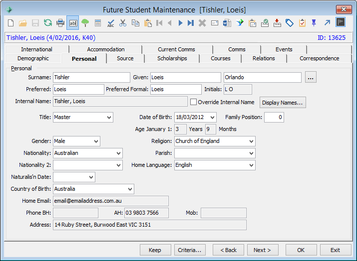 Future Student Maintenance - Personal tab (restoring a future student from the archive)
